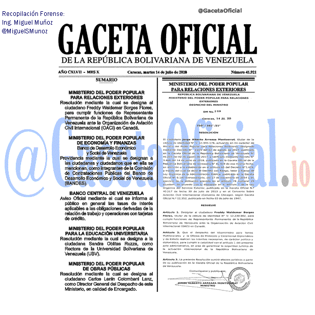 Gaceta Oficial 41921 del 14 julio 2020 Gaceta Oficial 41921 del 14 julio 2020
