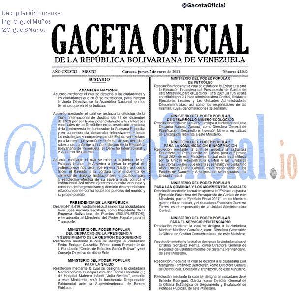 Gaceta Oficial 42042 del 7 Enero 2021 Gaceta Oficial 42042 del 7 Enero 2021