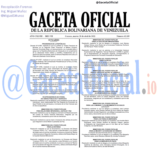 Gaceta Oficial 42109 del 20 abril 2021 Gaceta Oficial 42109 del 20 abril 2021