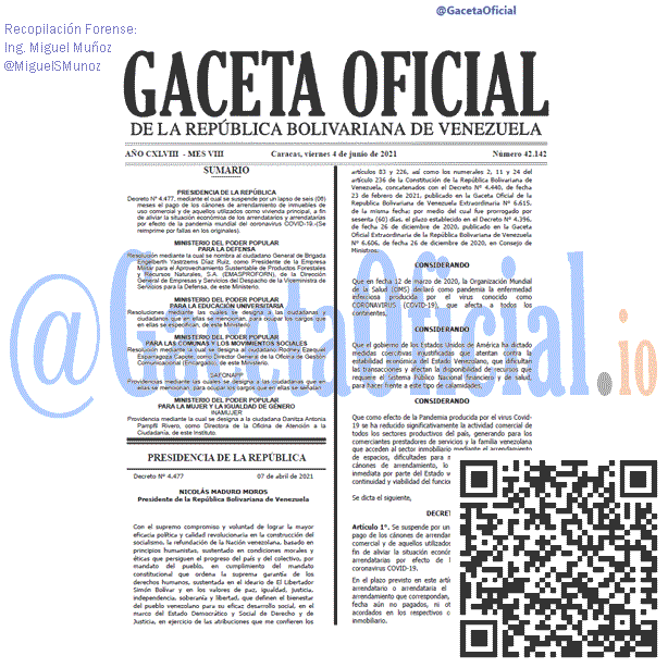 Gaceta Oficial 42142 del 4 junio 2021