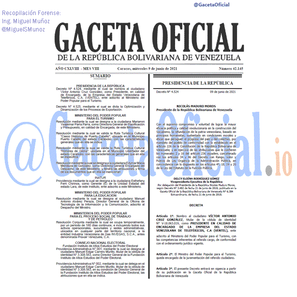 Gaceta Oficial 42145 del 9 junio 2021 Gaceta Oficial 42145 del 9 junio 2021