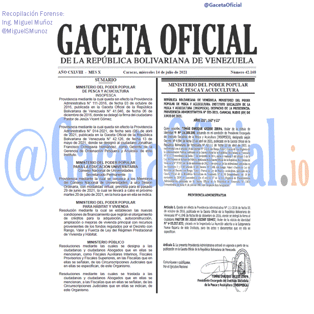 Gaceta Oficial 42168 del 14 julio 2021