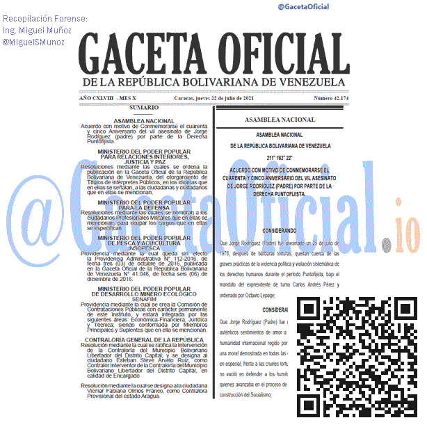 Gaceta Oficial 42174 del 22 julio 2021 Gaceta Oficial 42174 del 22 julio 2021