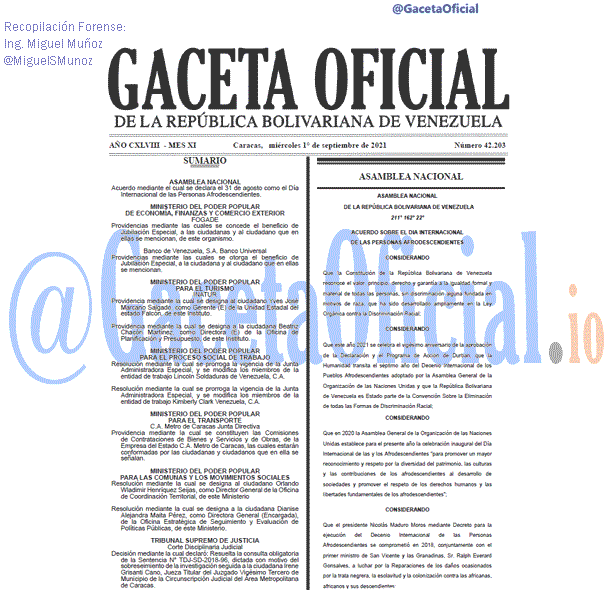 Gaceta Oficial 42203 del 1 septiembre 2021 Gaceta Oficial 42203 del 1 septiembre 2021