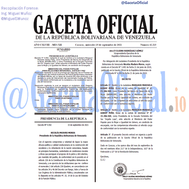 Gaceta Oficial de Venezuela #42213 del miércoles 15 septiembre 2021 Gaceta Oficial 42213 del 15 septiembre 2021