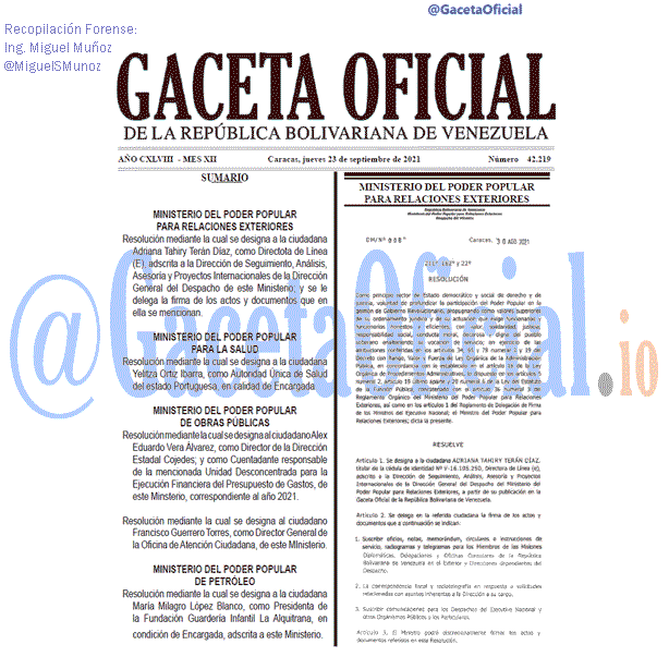 Gaceta Oficial 42219 del 23 septiembre 2021 Gaceta Oficial 42219 del 23 septiembre 2021