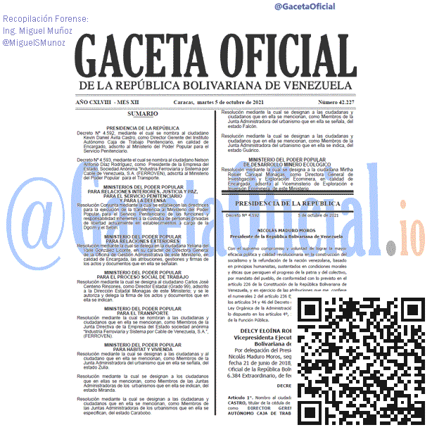 Gaceta Oficial 42227 del 5 octubre 2021 Gaceta Oficial 42227 del 5 octubre 2021