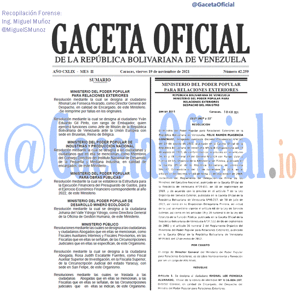 Gaceta Oficial 42259 del 19 noviembre 2021 Gaceta Oficial 42259 del 19 noviembre 2021