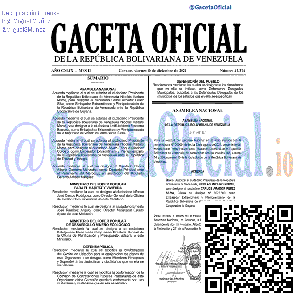 Gaceta Oficial 42274 del 10 diciembre 2021 Gaceta Oficial 42274 del 10 diciembre 2021