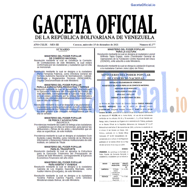 Gaceta Oficial 42277 del 15 diciembre 2021 Gaceta Oficial 42277 del 15 diciembre 2021