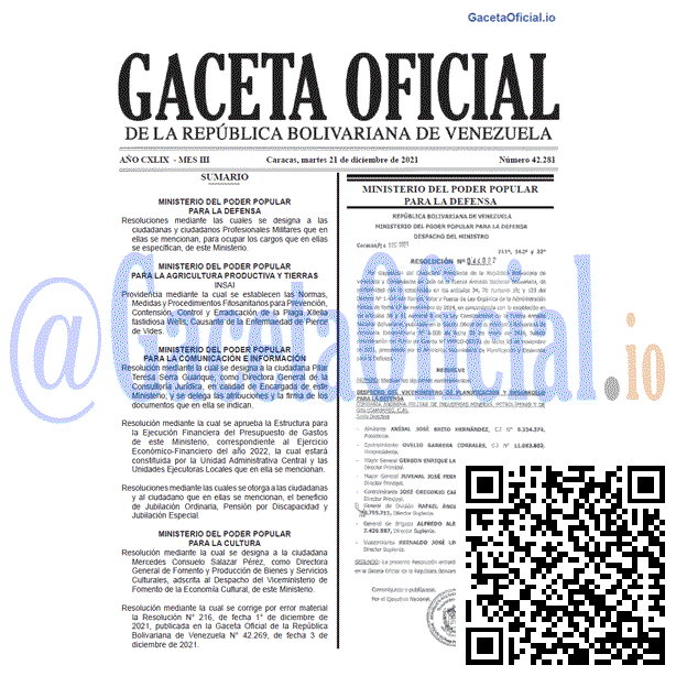 Gaceta Oficial 42281 del 21 diciembre 2021