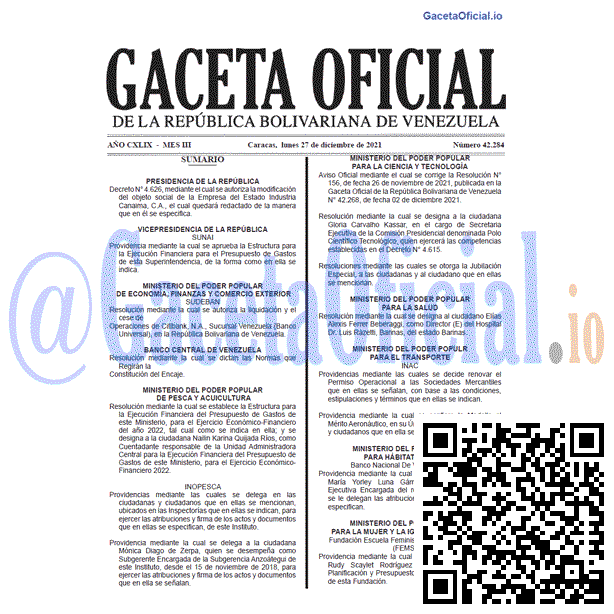 Gaceta Oficial 42284 del 27 diciembre 2021 Gaceta Oficial 42284 del 27 diciembre 2021