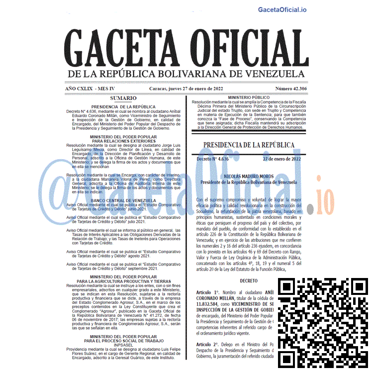 Gaceta Oficial 42306 del 27 enero 2022