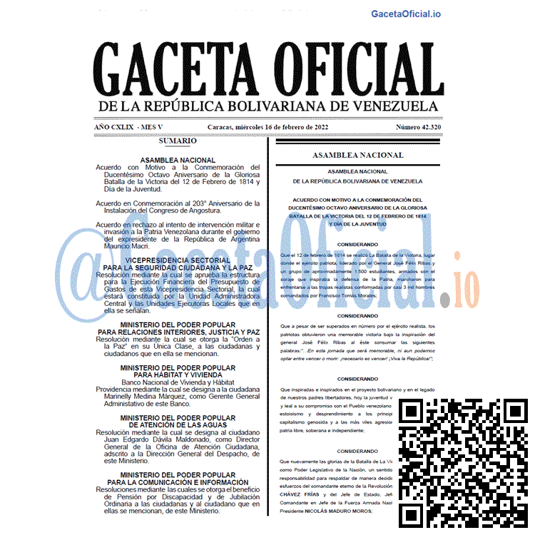 Gaceta Oficial 42320 del 16 febrero 2022