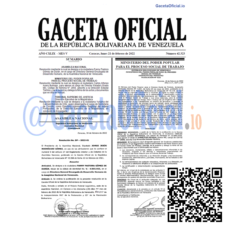 Gaceta Oficial 42323 del 21 febrero 2022