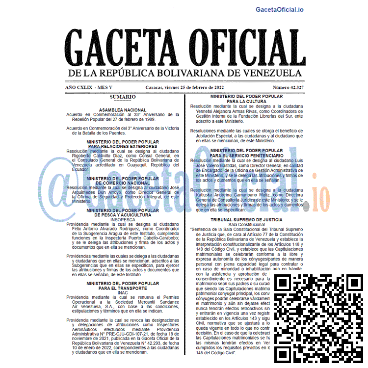 Gaceta Oficial 42327 del 25 febrero 2022