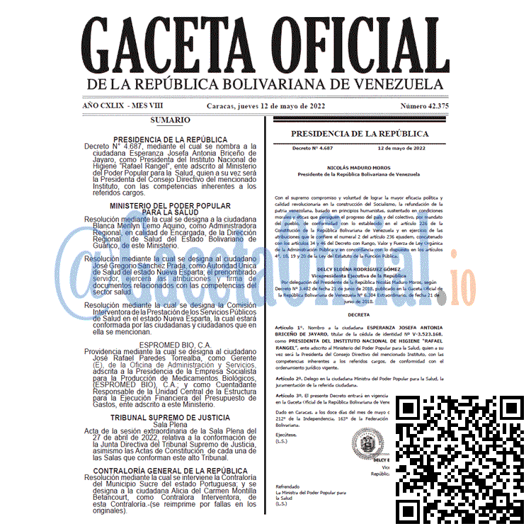 Venezuela Gaceta Oficial 42375 del 12 mayo 2022