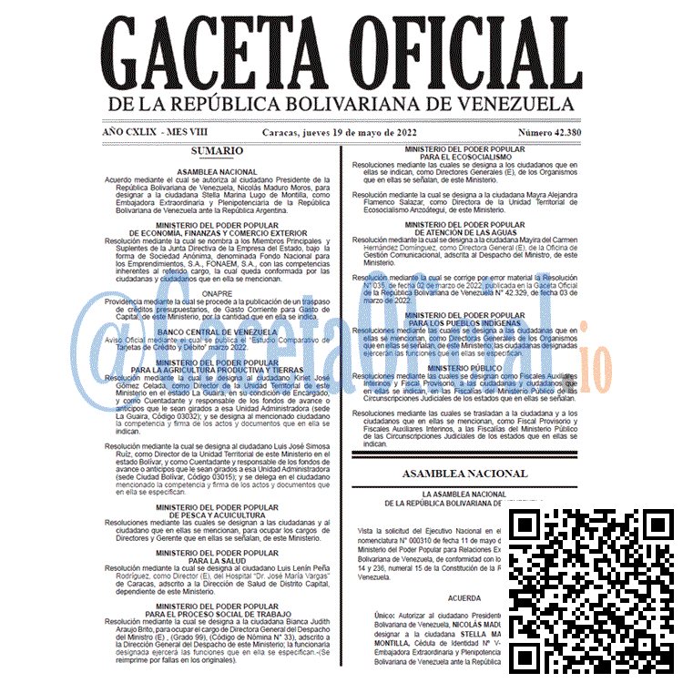 Venezuela Gaceta Oficial 42380 del 19 mayo 2022