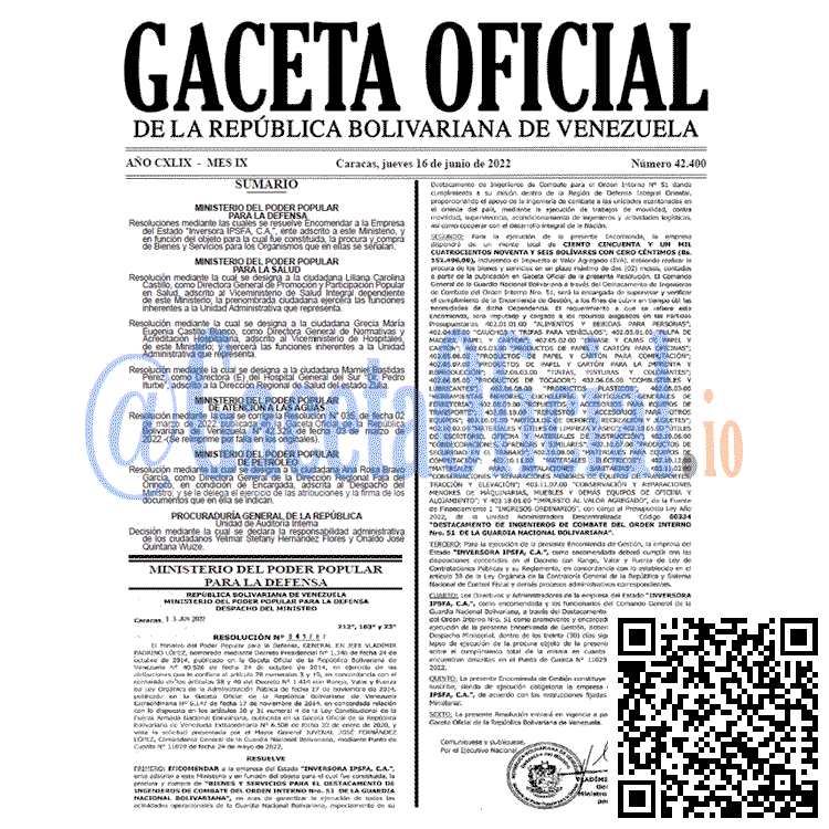 Venezuela Gaceta Oficial 42400 del 16 junio 2022 Venezuela Gaceta Oficial 42400 del 16 junio 2022