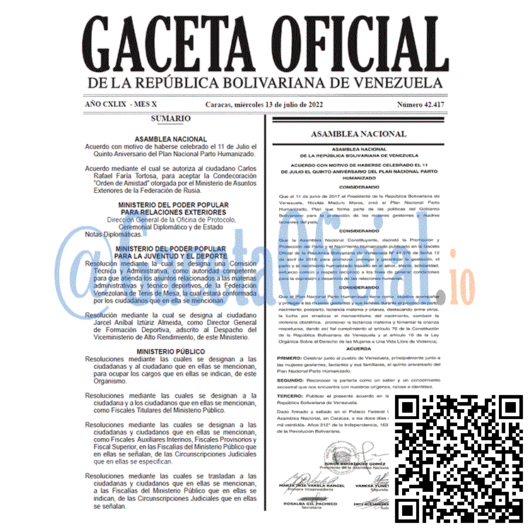 Venezuela Gaceta Oficial 42417 del 13 julio 2022