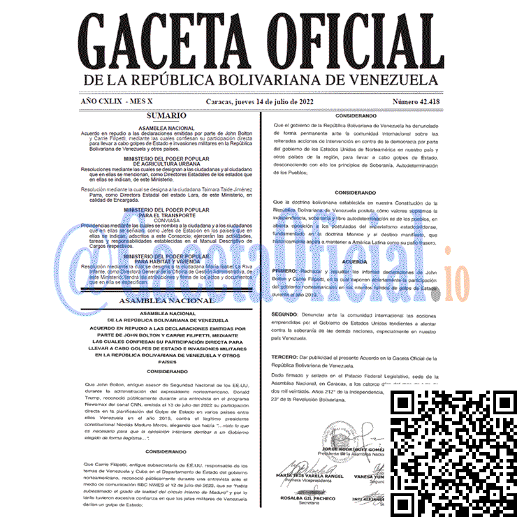 Venezuela Gaceta Oficial 42418 del 14 julio 2022