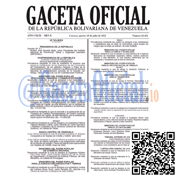Venezuela Gaceta Oficial 42421 del 19 julio 2022