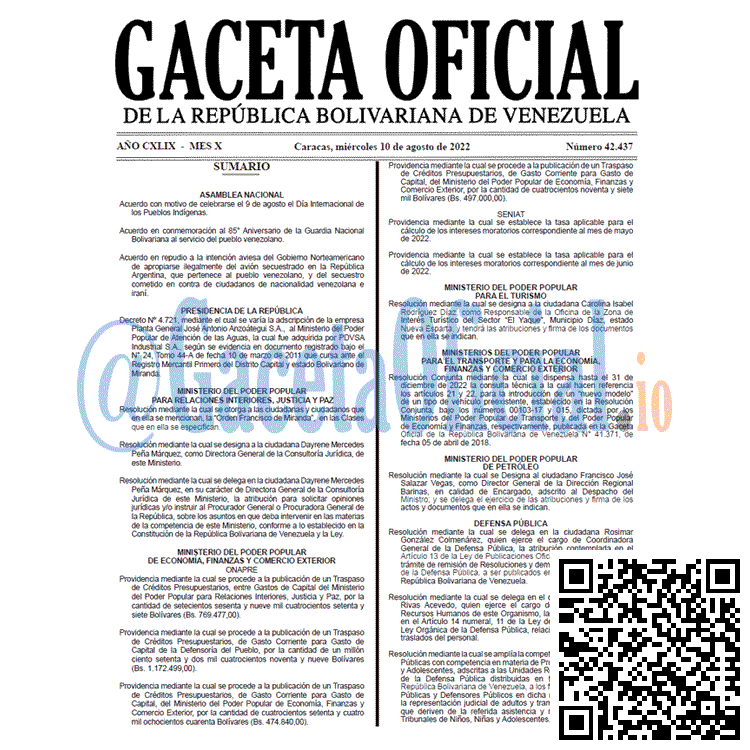 Gaceta Oficial de Venezuela #42437 del miércoles 10 agosto 2022 Venezuela Gaceta Oficial 42437 del 10 agosto 2022