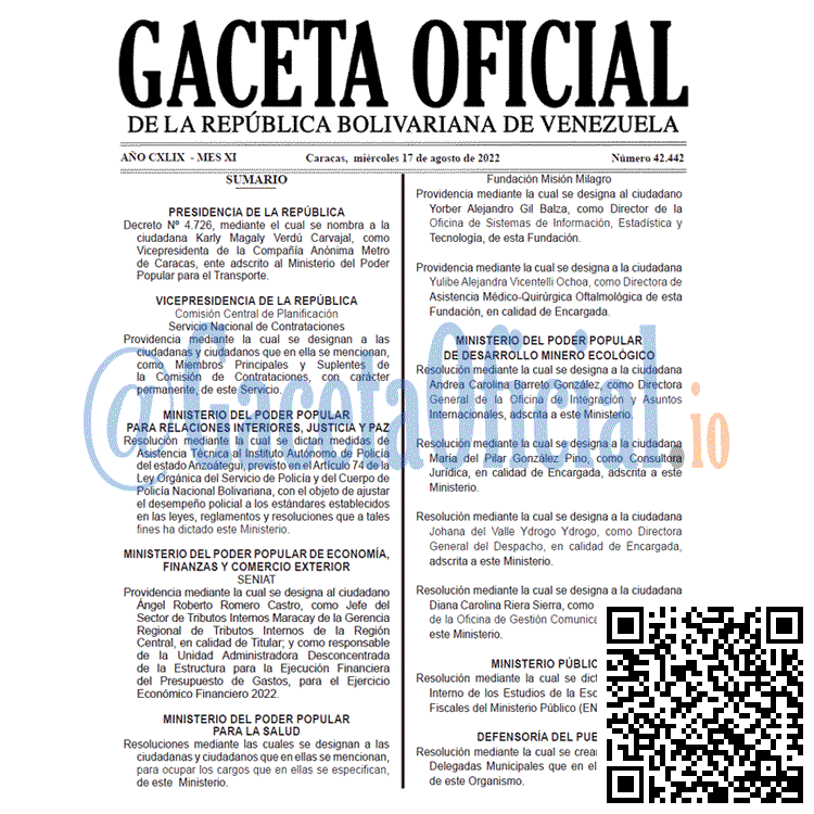 Venezuela Gaceta Oficial 42442 del 17 agosto 2022