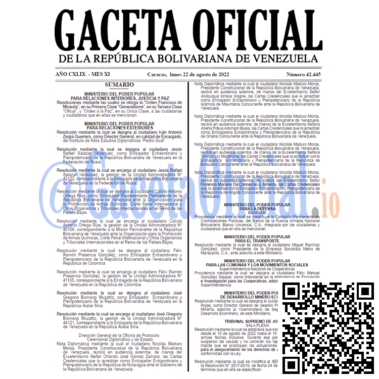 Gaceta Oficial de Venezuela #42445 del lunes 22 agosto 2022 Venezuela Gaceta Oficial 42445 del 22 agosto 2022