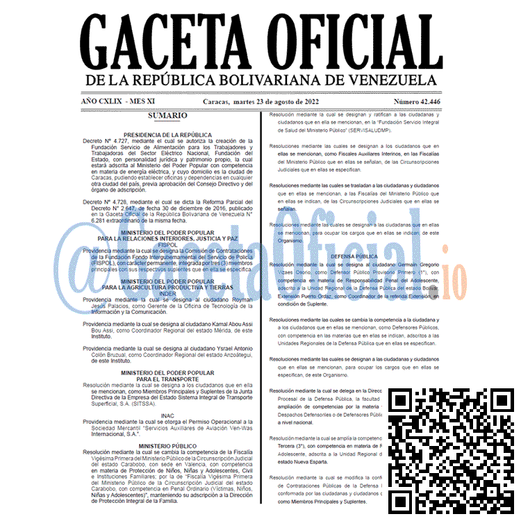 Venezuela Gaceta Oficial 42446 del 23 agosto 2022