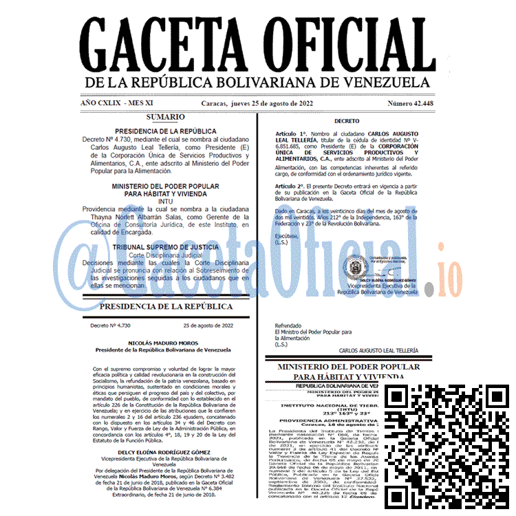 Venezuela Gaceta Oficial 42448 del 25 agosto 2022