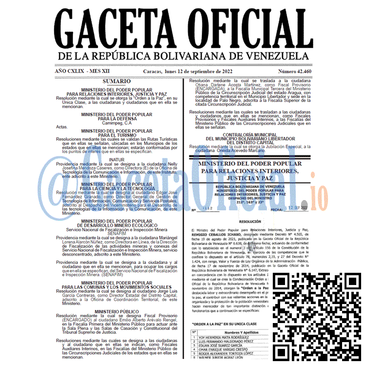 Venezuela Gaceta Oficial 42460 del 12 septiembre 2022