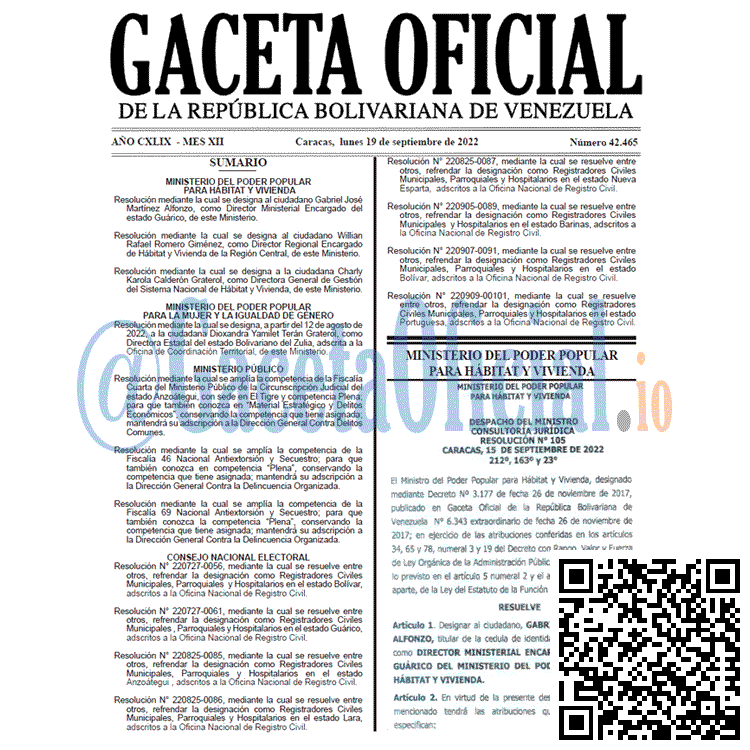 Gaceta Oficial de Venezuela #42465 del lunes 19 septiembre 2022 Venezuela Gaceta Oficial 42465 del 19 septiembre 2022