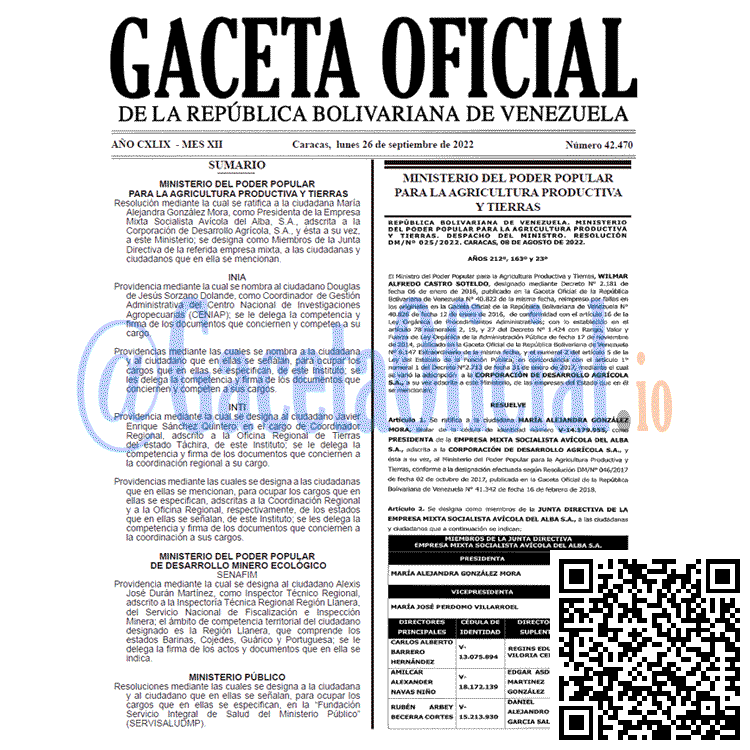 Venezuela Gaceta Oficial 42470 del 26 septiembre 2022
