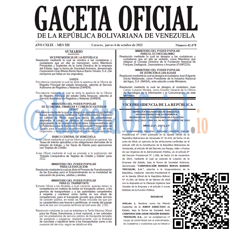 Venezuela Gaceta Oficial 42478 del 6 octubre 2022