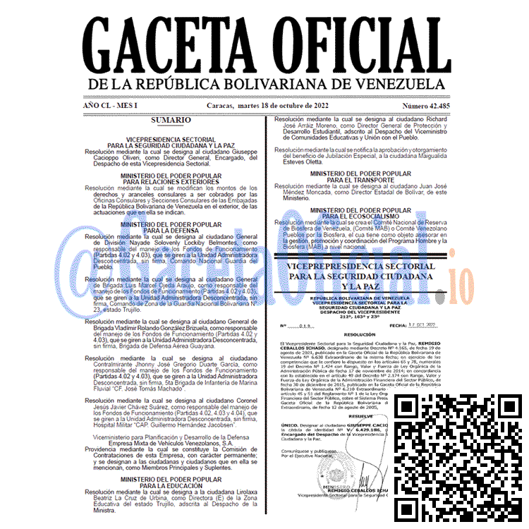 Gaceta Oficial de Venezuela #42485 del martes 18 octubre 2022 Gaceta Oficial Venezuela #42485 del 18 octubre 2022