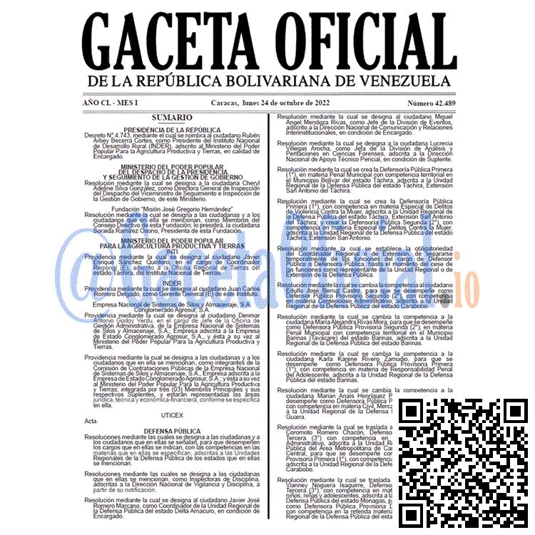 Gaceta Oficial de Venezuela #42489 del lunes 24 octubre 2022 Gaceta Oficial Venezuela #42489 del 24 octubre 2022