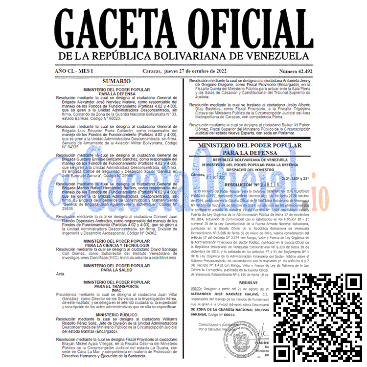 Gaceta Oficial de Venezuela #42492 del jueves 27 octubre 2022 Gaceta Oficial Venezuela #42492 del 27 octubre 2022