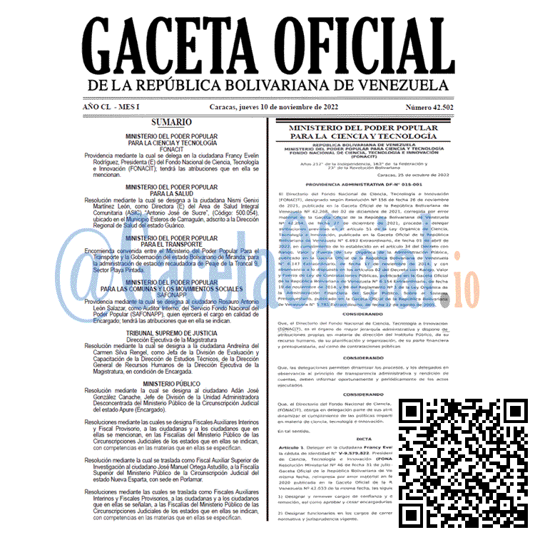 Gaceta Oficial Venezuela #42502 del 10 noviembre 2022
