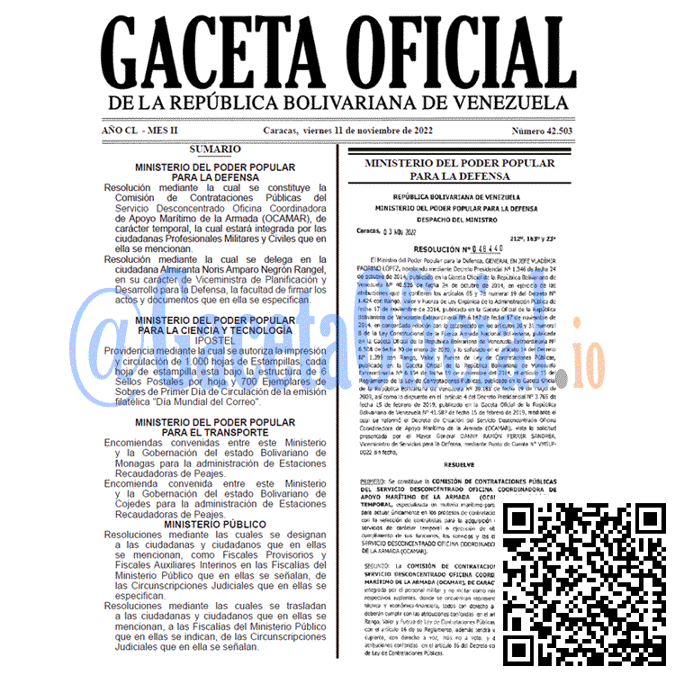 Venezuela Gaceta Oficial 42503 del 11 noviembre 2022 Gaceta Oficial Venezuela #42503 del 11 noviembre 2022