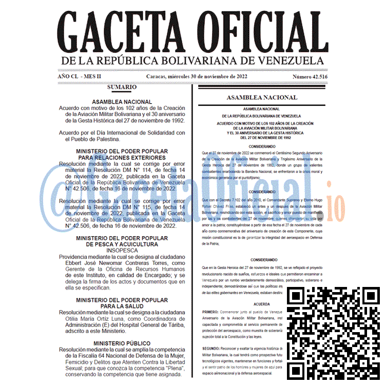 Venezuela Gaceta Oficial 42516 del 30 noviembre 2022 Gaceta Oficial, Gaceta 42516, Gaceta #42516, Gaceta Oficial Venezuela #42516
