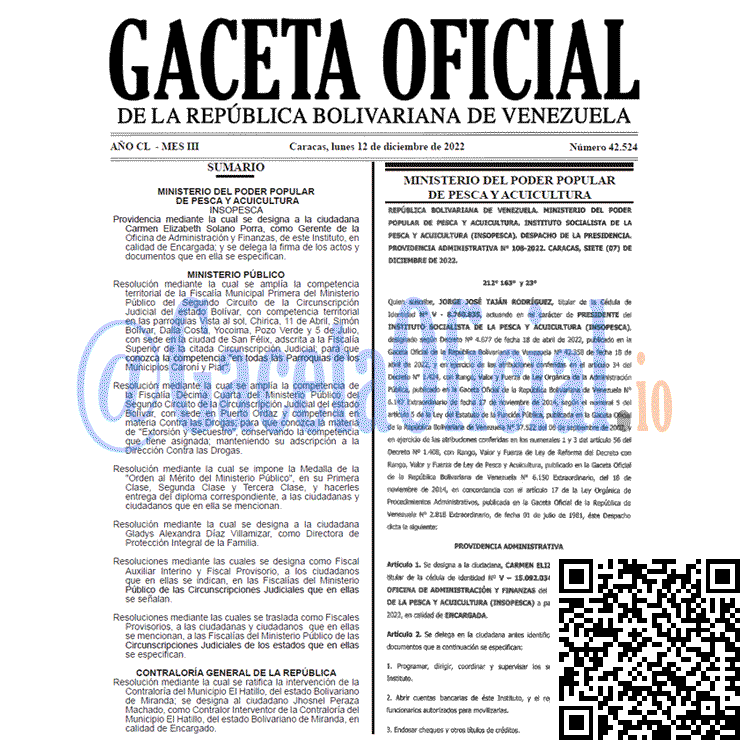 Venezuela Gaceta Oficial 42524 del 12 diciembre 2022 Gaceta Oficial, Gaceta 42524, Gaceta #42524, Gaceta Oficial Venezuela #42524