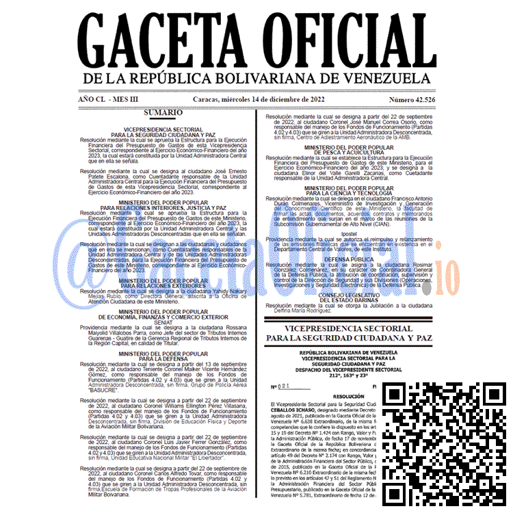 Venezuela Gaceta Oficial 42526 del 14 diciembre 2022 Gaceta Oficial, Gaceta 42526, Gaceta #42526, Gaceta Oficial Venezuela #42526