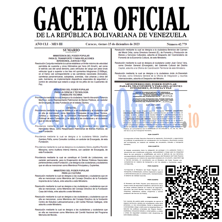 Venezuela Gaceta Oficial 42779 del 15 diciembre 2023 Gaceta Oficial, Gaceta 42779, Gaceta 42779 HD, Gaceta #42779, Gaceta Oficial Venezuela #42779