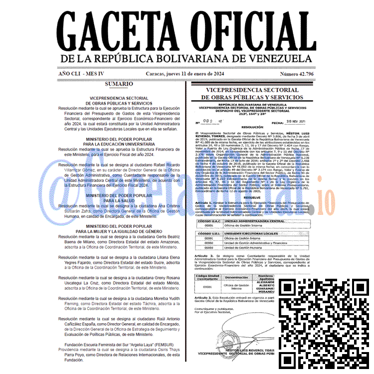 Venezuela Gaceta Oficial 42796 del 11 enero 2024 Gaceta Oficial, Gaceta 42796, Gaceta 42796 HD, Gaceta #42796, Gaceta Oficial Venezuela #42796