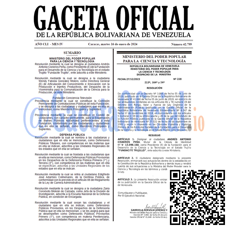 Venezuela Gaceta Oficial 42799 del 16 enero 2024 Gaceta Oficial, Gaceta 42799, Gaceta 42799 HD, Gaceta #42799, Gaceta Oficial Venezuela #42799