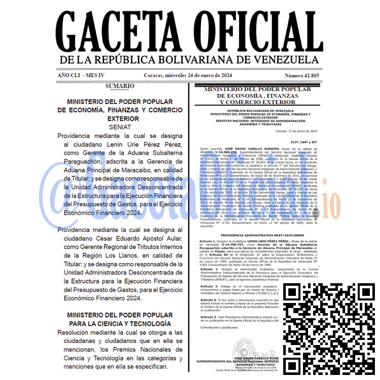 Venezuela Gaceta Oficial 42805 del 24 enero 2024 Gaceta Oficial, Gaceta 42805, Gaceta 42805 HD, Gaceta #42805, Gaceta Oficial Venezuela #42805