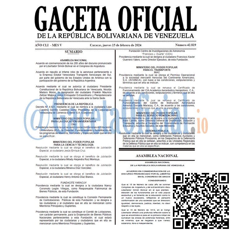 Venezuela Gaceta Oficial 42819 del 15 Febrero 2024 Gaceta Oficial, Gaceta 42819, Gaceta 42819 HD, Gaceta #42819, Gaceta Oficial Venezuela #42819