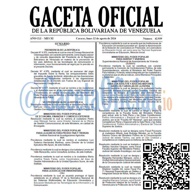Venezuela Gaceta Oficial 42939 del 12 agosto 2024 Gaceta Oficial, Gaceta 42939, Gaceta 42939 HD, Gaceta #42939, Gaceta Oficial Venezuela #42939