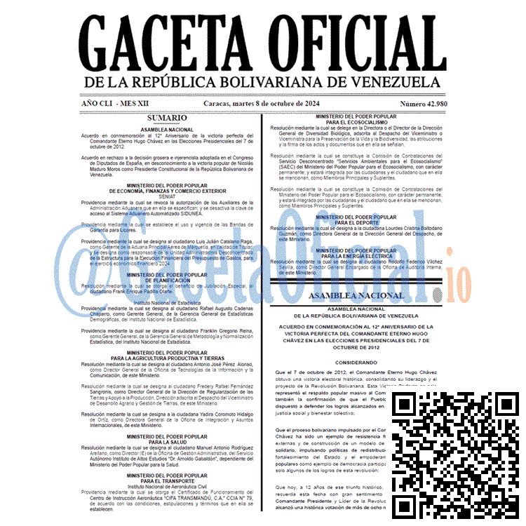 Venezuela Gaceta Oficial 42980 del 8 octubre 2024 Gaceta Oficial, Gaceta 42980, Gaceta 42980 HD, Gaceta #42980, Gaceta Oficial Venezuela #42980